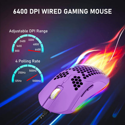 ZIYOU LANG Wired Lightweight Gaming Mouse - 6400DPI, 6 RGB Backlit, 7 Programmable Buttons, Ultralight Honeycomb Shell, Purple