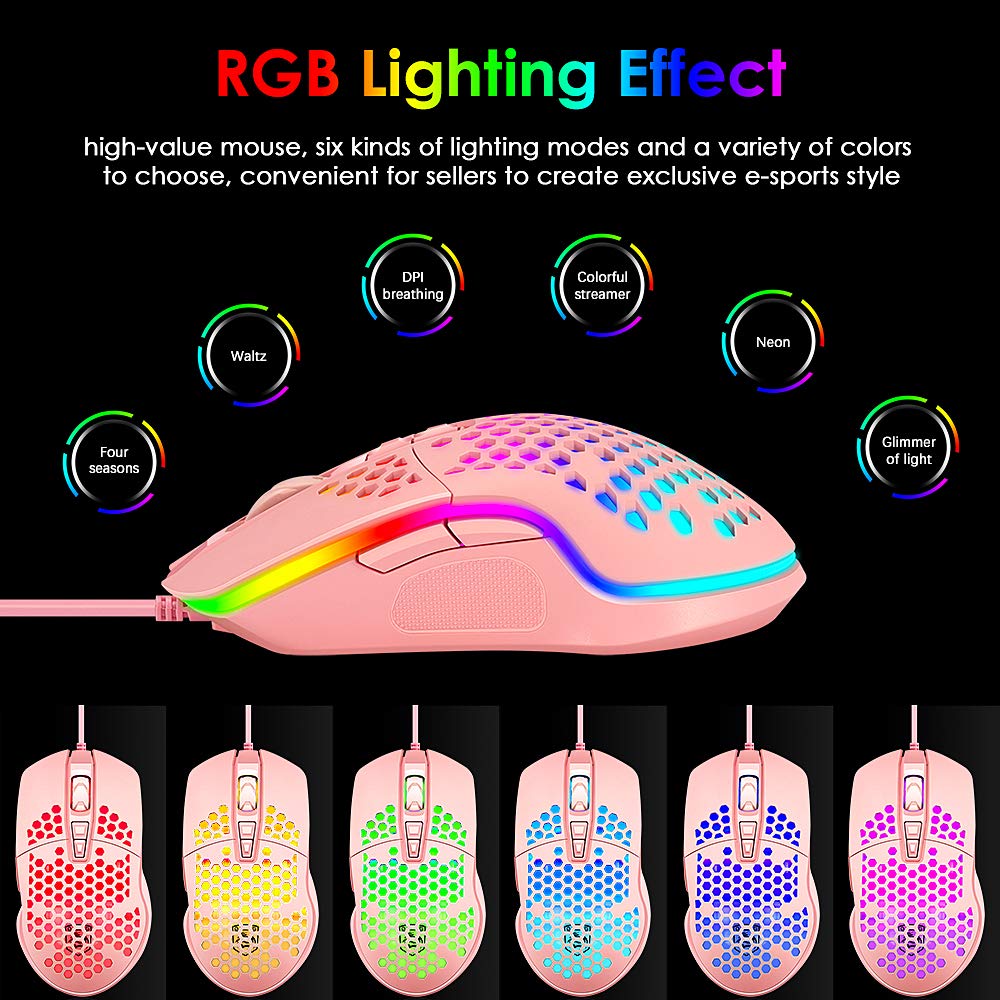 LexonElec Ultralight RGB Gaming Mouse, 6400DPI, 7 Programmable Buttons, Honeycomb Shell, Pink