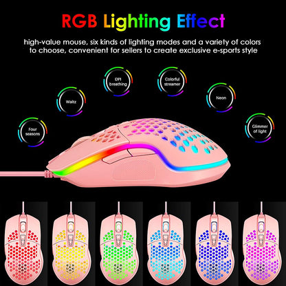LexonElec Ultralight RGB Gaming Mouse, 6400DPI, 7 Programmable Buttons, Honeycomb Shell, Pink