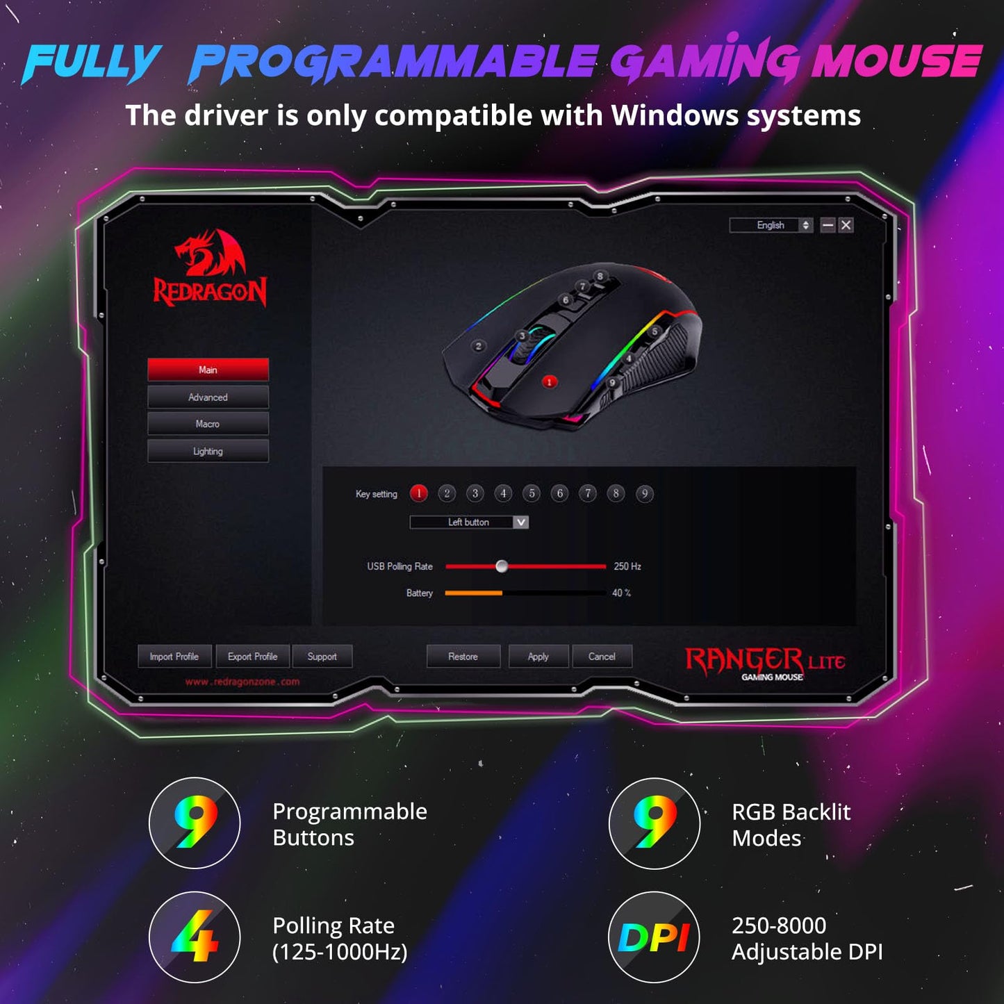 Redragon M910-KS Wireless Gaming Mouse - 8000 DPI, RGB Backlit, Ergonomic Design, Rechargeable, Black