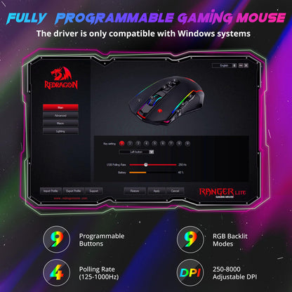 Redragon M910-KS Wireless Gaming Mouse - 8000 DPI, RGB Backlit, Ergonomic Design, Rechargeable, Black