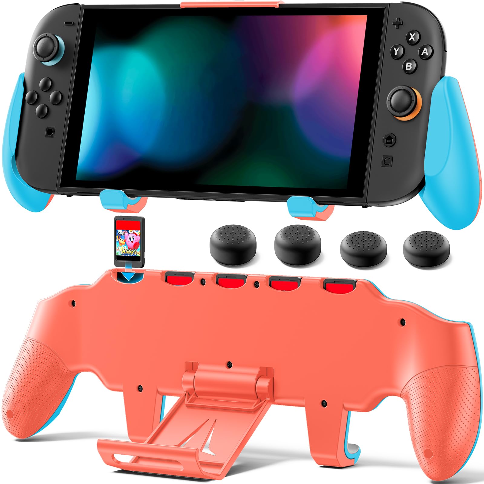 OIVO Grip Compatible with Nintendo Switch 2  Switch 2 Ergonomic Grip Case with Adjustable Stand  Comfort Game Accessories with 5 Game Card Slots and 4 Thumb Caps  Blue Orange