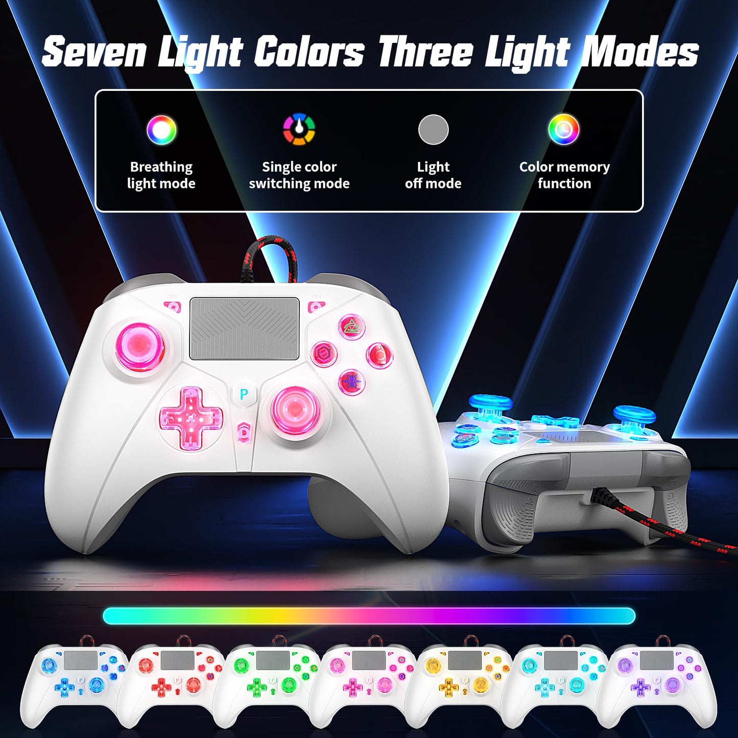 Gamrombo LED Wired Controller for PS5/PS5 Pro, 10ft Cable, White, Compatible with PS4/PC, 3.5mm Jack, Dual Vibration, Macro Function