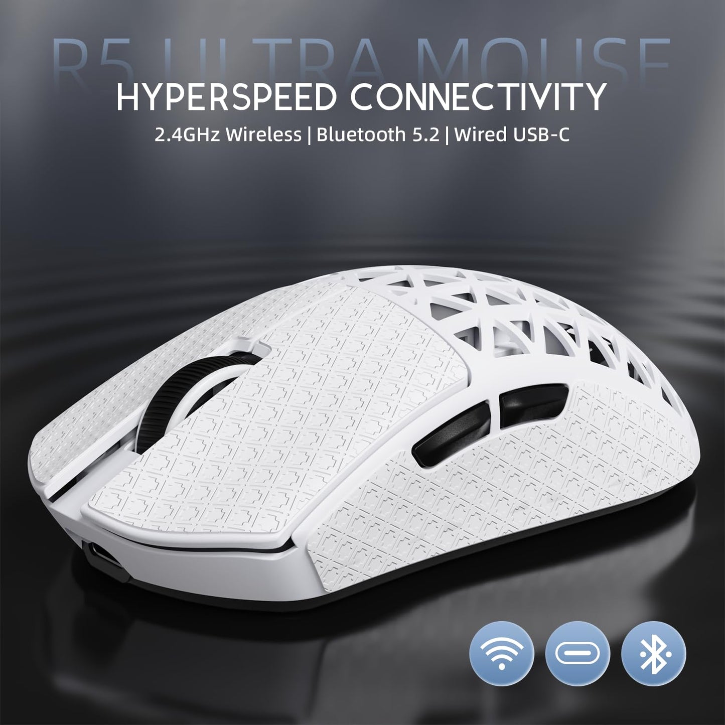 ATTACK SHARK R5Ultra 8K Wireless Gaming Mouse - 42,000 DPI, Ultra-Lightweight, White & Griptape