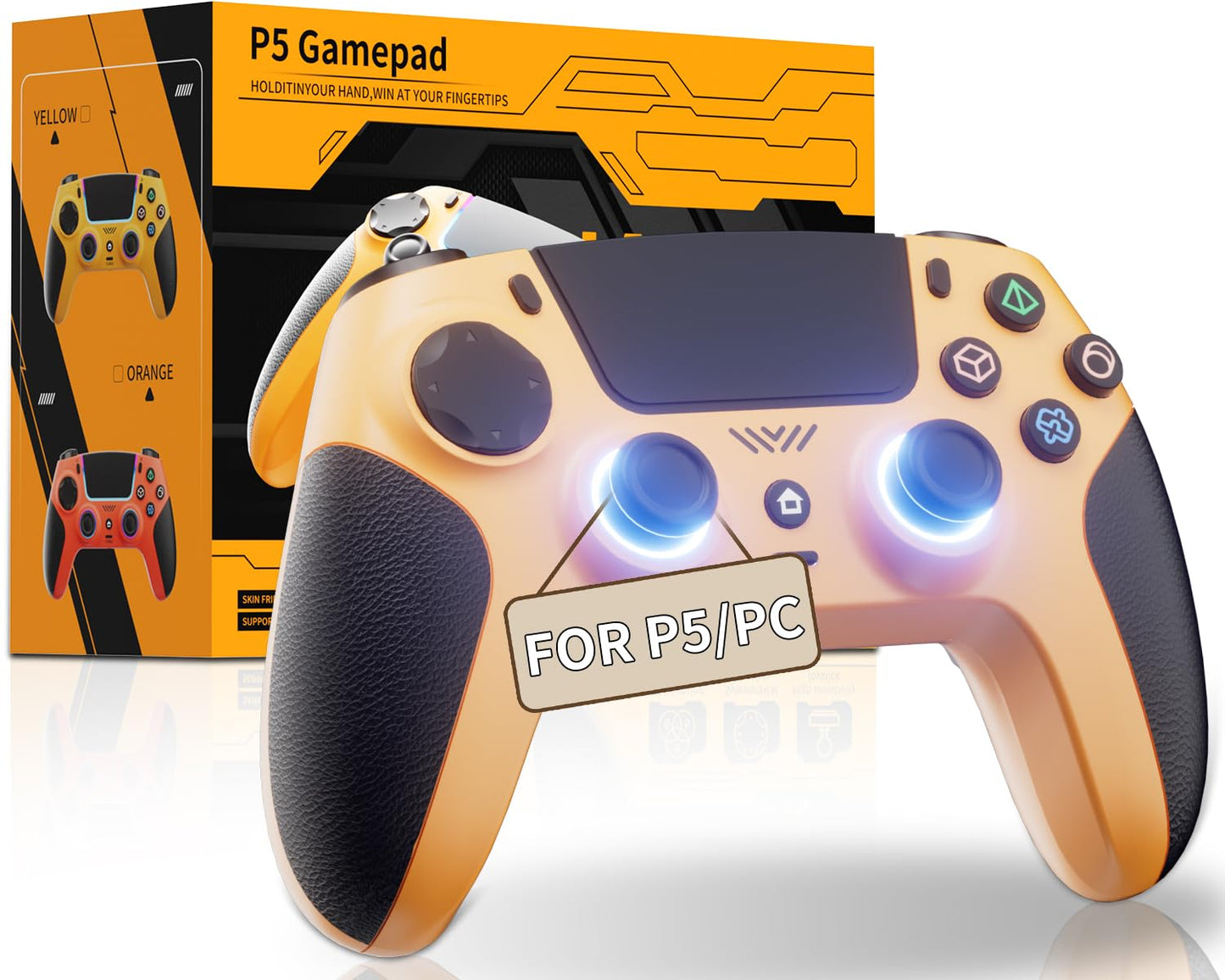 CAWOOSOO Yellow Wireless Controller Compatible for PS5/Pro/Slim/PC  Gradient Color RGB mode & haptic feedback & 1000 mAH battery & 3.5mm Audio Jack & Speaker
