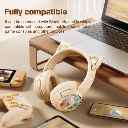 PHNIXGAM Cat Bluetooth Headphones, Wireless Headset with Mic, RGB LED Light, Beige, Model B5, For Kids and Adults