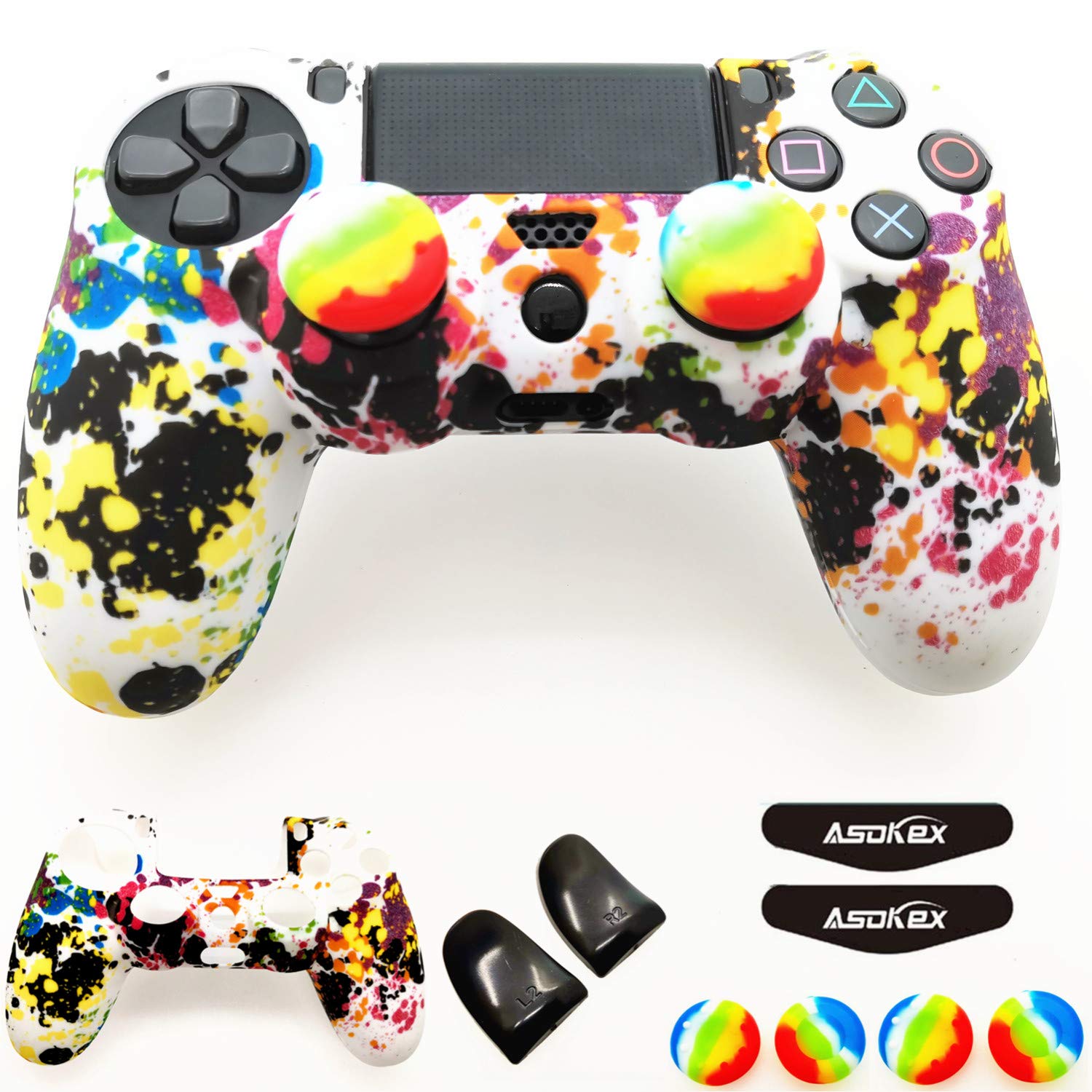 Silicone Skin Cover for Ps4 Controller (1pc Anti-Slip Case  1 Pair L2 R2 Trigger Extender  4pcs Thumb Grips 4pcs LED Light Bar Decal) Protector for DualShock PS4/ Slim/Pro Controller (Graffiti)