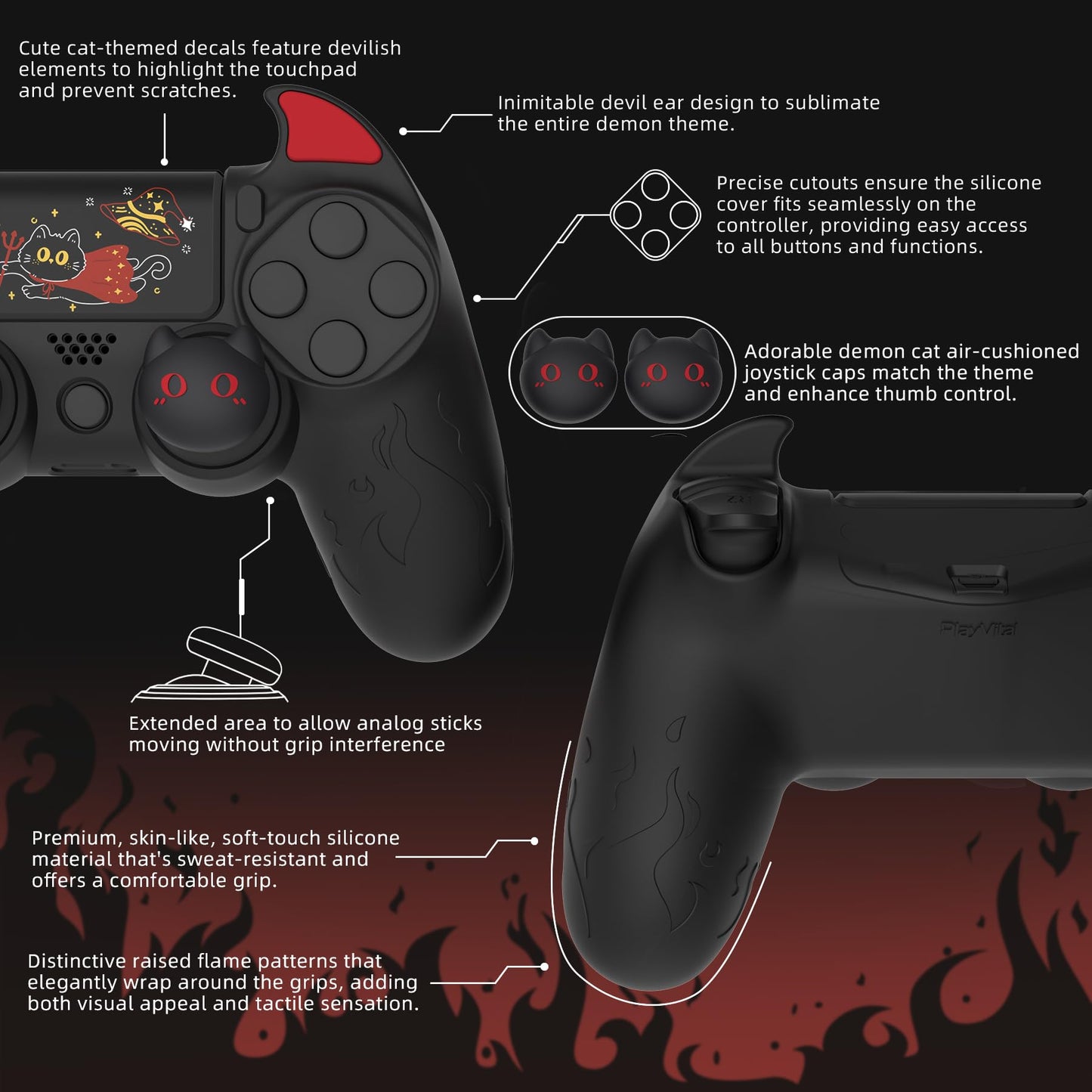PlayVital PS4 Cute Demon Controller Skin - Black Silicone Grip Cover with Thumb Grips & Stickers for PS4 Slim/Pro, Model BRJP4P001