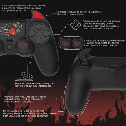 PlayVital PS4 Cute Demon Controller Skin - Black Silicone Grip Cover with Thumb Grips & Stickers for PS4 Slim/Pro, Model BRJP4P001