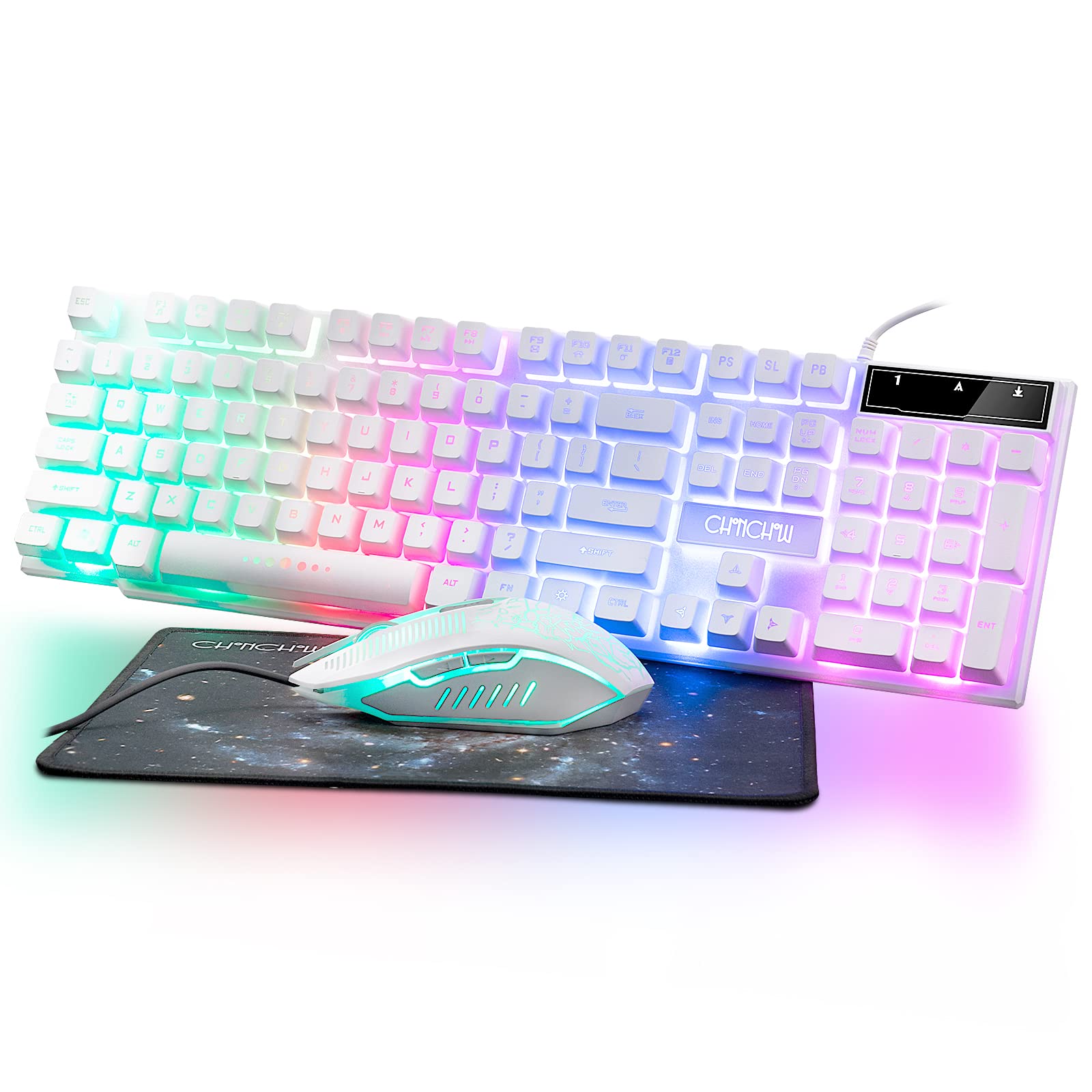Gaming Keyboard and Mouse Wired CHOCNHOW White Keyboard Rainbow Backlit Light Up Keys  Multimedia Keys  Waterproof Compatible with PC Laptop Xbox Ps4/Ps5 Work/Gamer