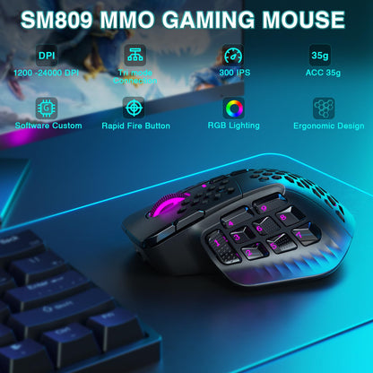 SOLAKAKA SM809 Pro Gaming Mouse - 24000 DPI, 9 Side Buttons, 16 Programmable Macros, Black