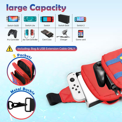 Vadaxx Travel Bag for Nintendo Switch Lite/OLED - Small Sling Waterproof Crossbody Backpack in Red-Upgraded, Model VM-4