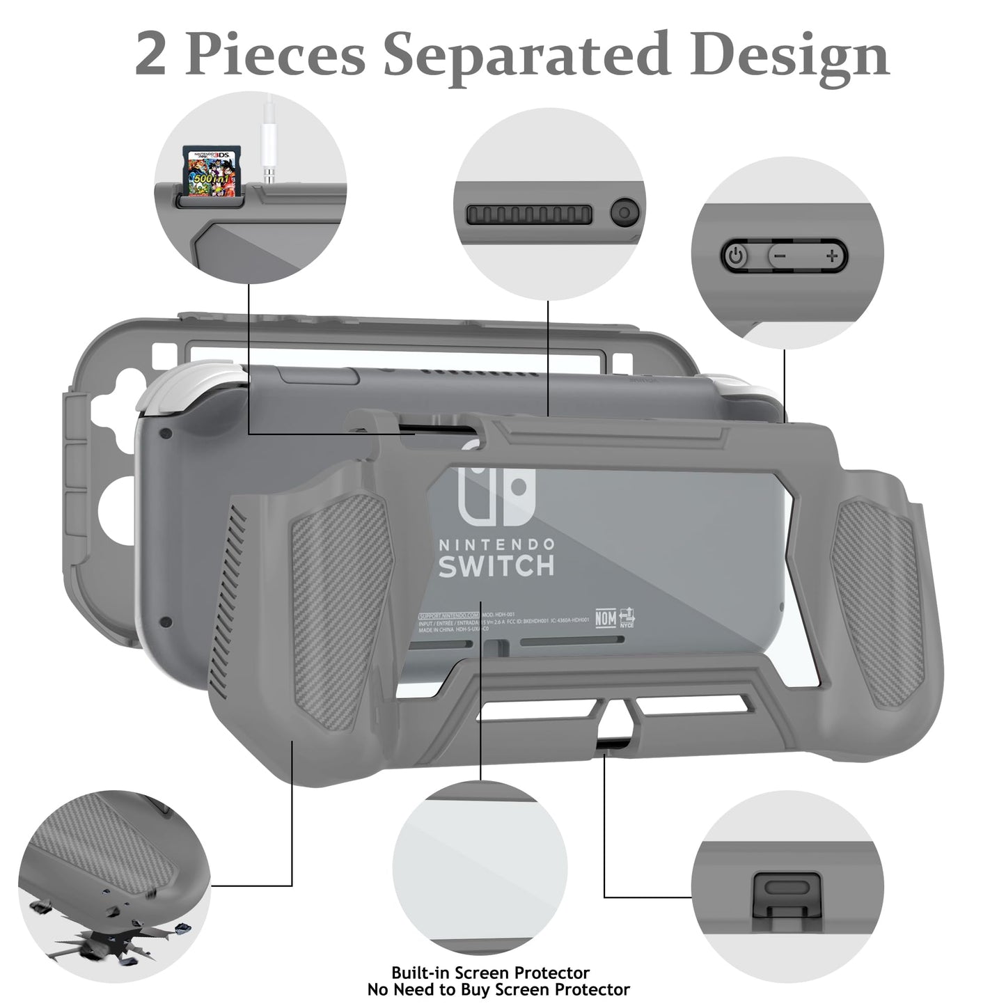 Kailfee Switch Lite Case - Protective Hand Grip with TPU, PC Screen Protector, 2 Thumb Caps - Gray