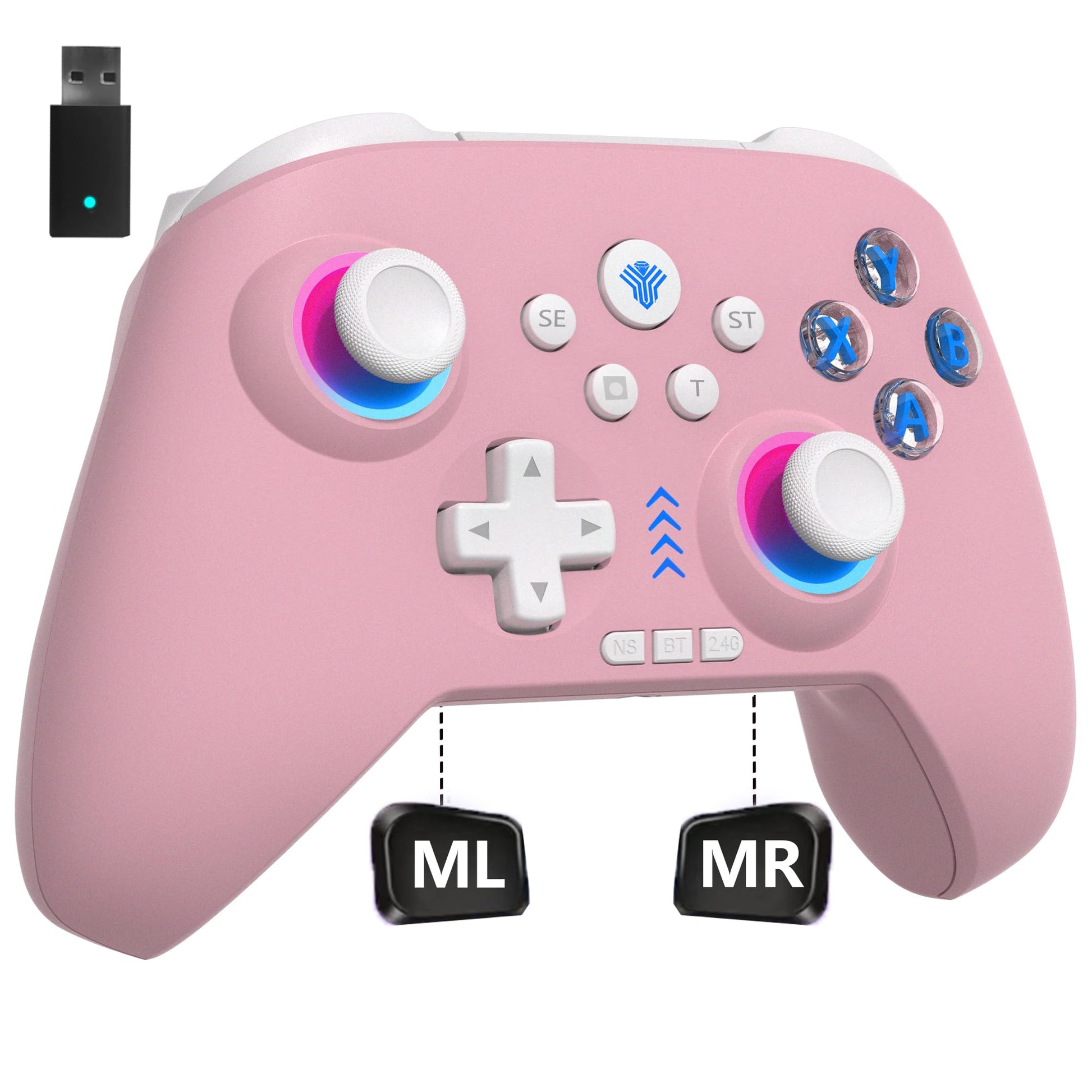 2.4G Wireless PC Controller with RGB Lighting/Programming Keys/Hall Joysticks/Hall Triggers/Vibrations Three-Mode Switch Controller Plug and Play Work for Windows PC  Android  Switch  Steam TV (PINK)