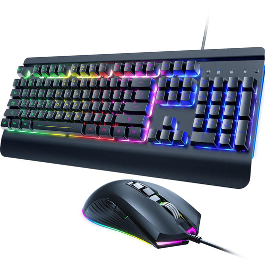 Wired Gaming Keyboard and Mouse Combo  104 Keys All-Metal Panel Rainbow Computer Keyboard with Multimedia Keys Wrist Rest and LED Backlit Gaming Mouse 4200 DPI for Windows PC Gamers (Black)