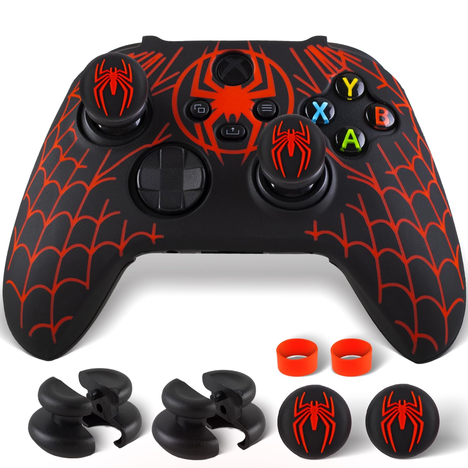 PlayRealm Silicone Skin Cover Sticker x 1 & Extender Grips x 2 for Xbox Series/One Controller Spider Net