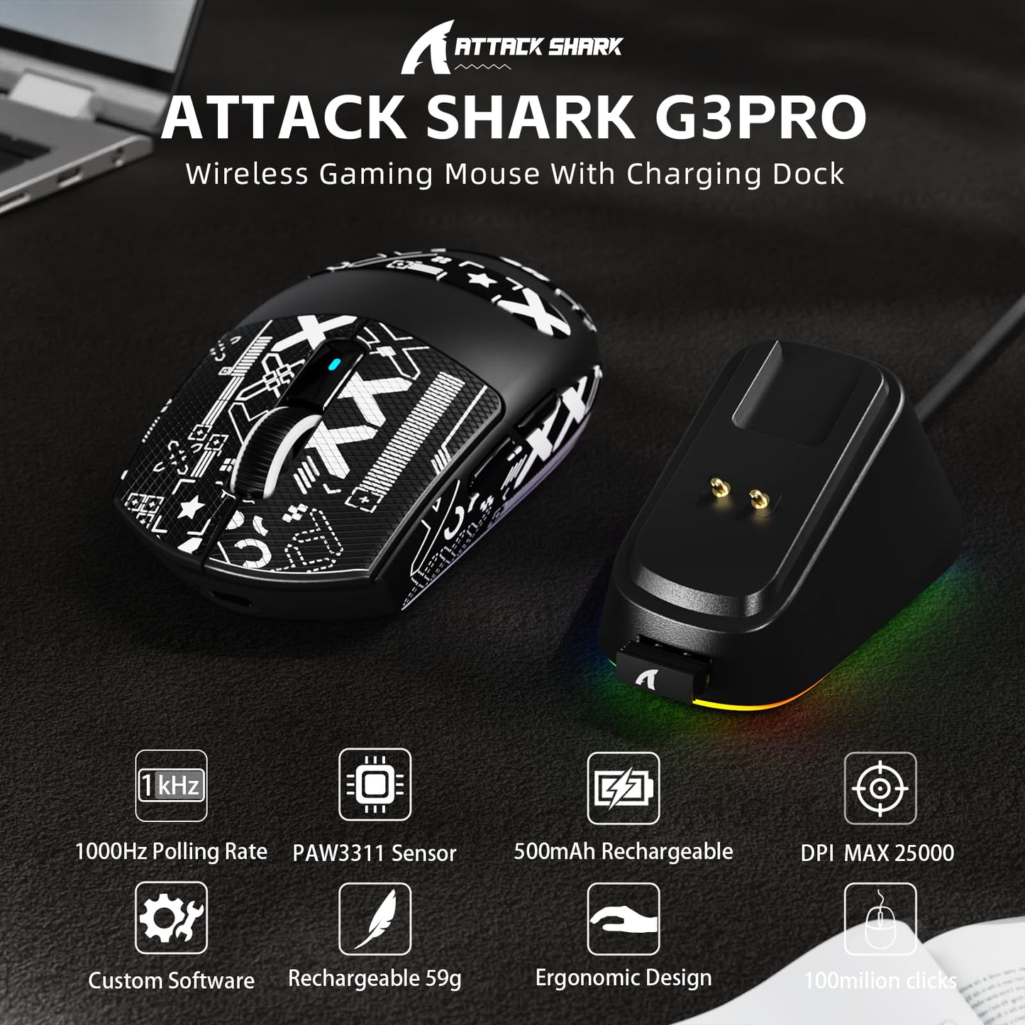 ATTACK SHARK G3PRO Wireless Gaming Mouse - RGB Dock, 25K DPI, 1K Polling Rate, Ultra Lightweight 59g, Black & Griptape