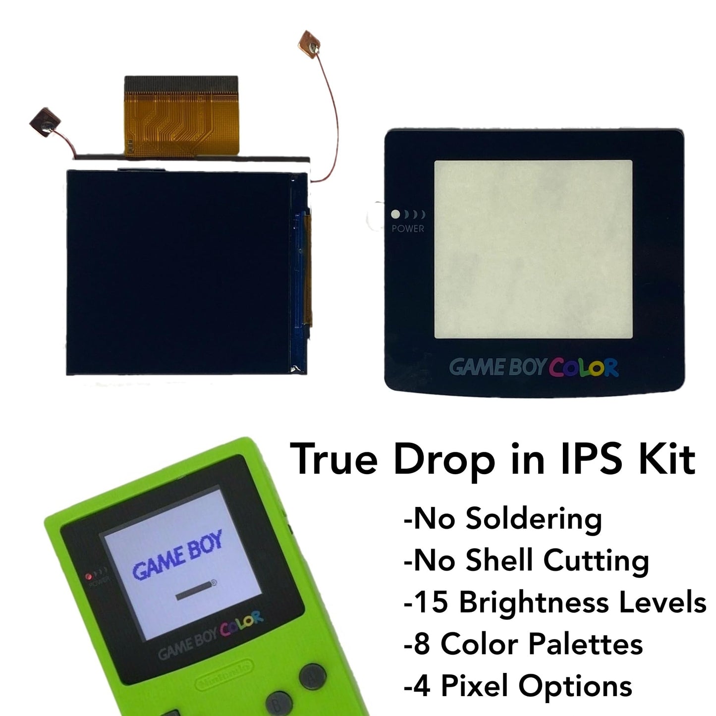 Game Boy Color 2.45 Inch IPS Backlight LCD Screen Replacement Kit [DROP-IN  NO SOLDER] for Gameboy Color GBC (With Black Screen Lens)