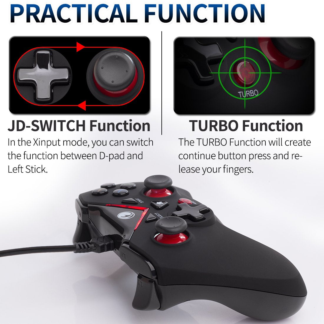 IFYOO V-one Wired USB Gaming Controller for PC, Steam, Android & PS3 - Red, Model IFYOO-V108