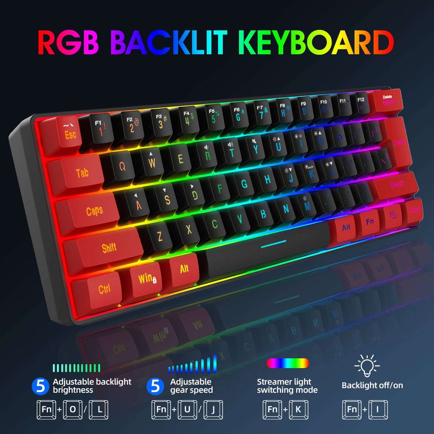 Snpurdiri 60% Wired Gaming Keyboard - RGB Backlit Mini Keyboard for PC - Ultra-Compact, Red and Black