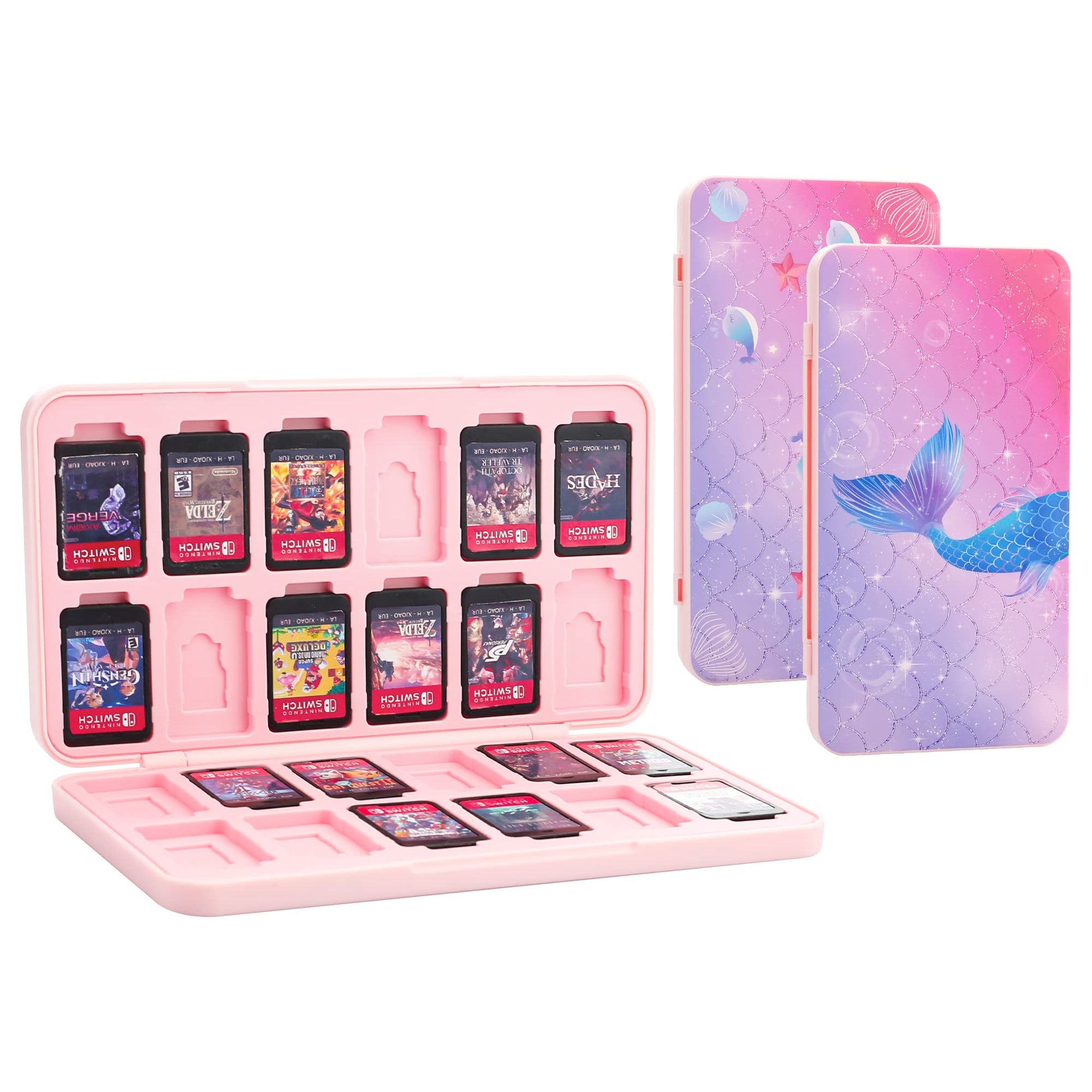 GLDRAM Purple Mermaid Game Card Case for Nintendo Switch 2/NS/Lite/OLED  Soft Lining Game Storage with 24 Game Card Slots & 24 Micro SD Card Slots  Portable Game Cartridge Holder with Magnetic Closure