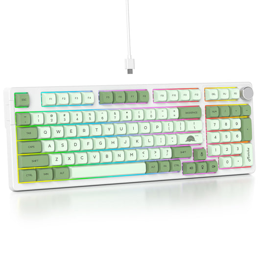 Surmen Green Creamy Keyboard with Number Pad  96% RGB Mechanical  Hot Swappable  Custom Wired Thocky with Knob for Office Gamers (98 Matcha)