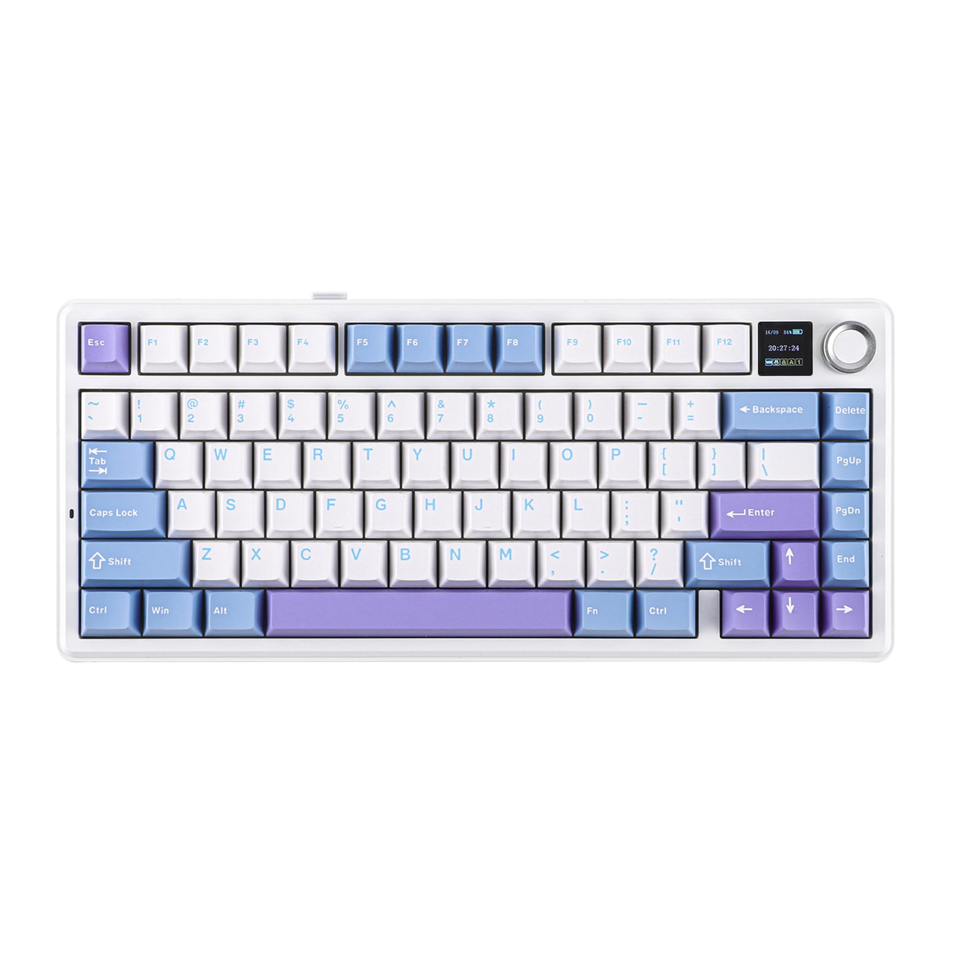 Ematerial nameAKER X Aula F75 MAX Wireless Mechanical Keyboard with TFT Screen and Knob  Gasket Gaming Keyboard in 75% Layout  Hot Swappable  RGB Backlight  for PC/Mac/Linux (Blue&White&Purple)
