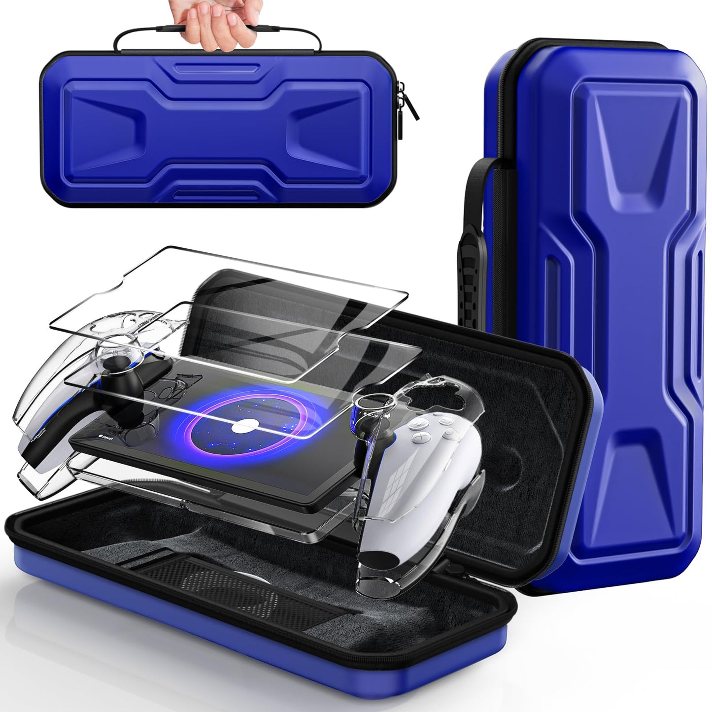 FYOUNG 3 in 1 Accessories Bundle for PS5 Portal - Sapphire Blue Carrying Case, Hard PC Cover & Tempered Glass Protector, Model PSP7