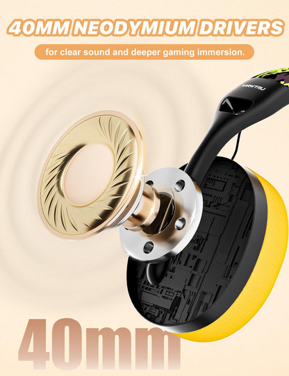 WIRWTRU S30 Gaming Headset - Lightweight Wired Headphones, Noise Cancelling Mic, Soft Earmuffs, Yellow, Compatible with Xbox, PS5, PC
