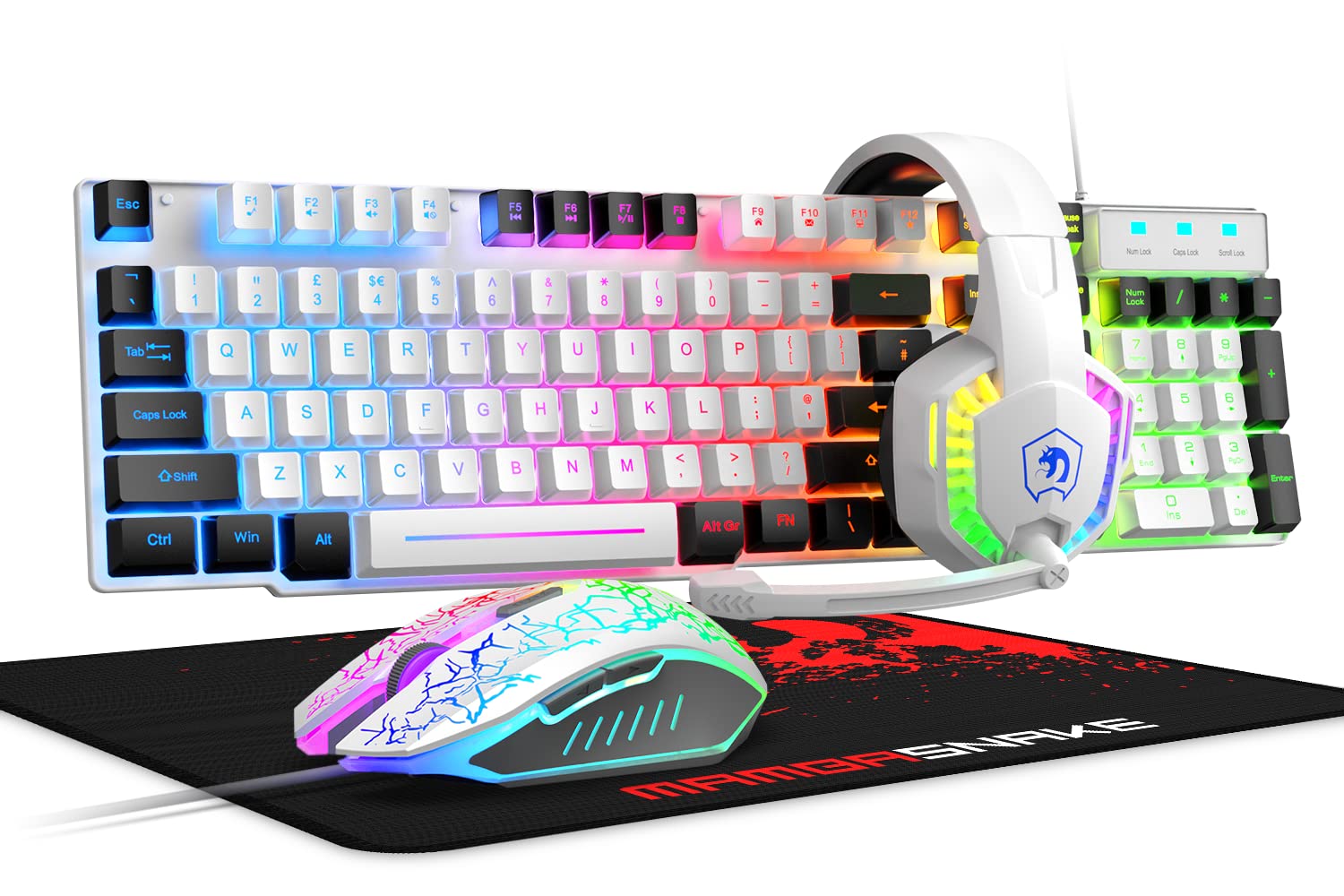 Wired Rainbow LED Backlit Keyboard and Mouse  Over Ear Headphone with Mic  Gaming Mice and Pad  for PC  Xbox and PS4 (White/Black)