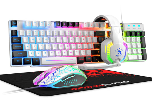 Wired Rainbow LED Backlit Keyboard and Mouse  Over Ear Headphone with Mic  Gaming Mice and Pad  for PC  Xbox and PS4 (White/Black)