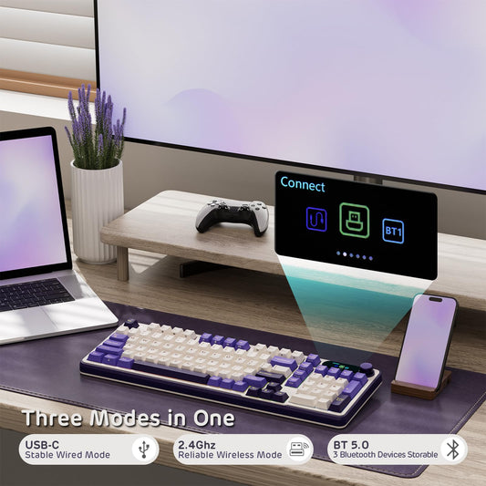 RK ROYAL KLUDGE S98 Wireless Mechanical Keyboard - 96% Layout, Smart Display, Lavender Purple, Linear Viridian Switch, Model 68131012