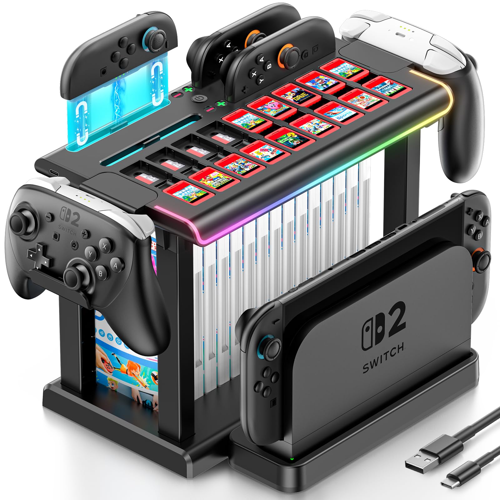 Switch 2 RGB Organizer Station with Controller Charging Dock  Switch 2 Storage Stand  Joycon 2 Charger  Gaming Accessories Holds TV Dock  16 Game Cases  18 Game Cards  and 2 Pro Controllers