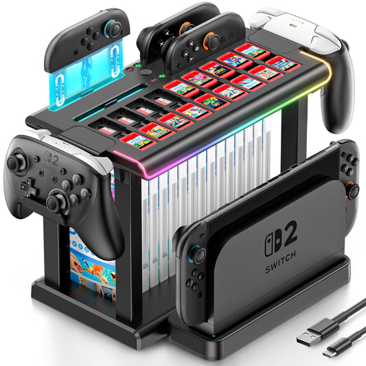 Switch 2 RGB Organizer Station with Controller Charging Dock  Switch 2 Storage Stand  Joycon 2 Charger  Gaming Accessories Holds TV Dock  16 Game Cases  18 Game Cards  and 2 Pro Controllers