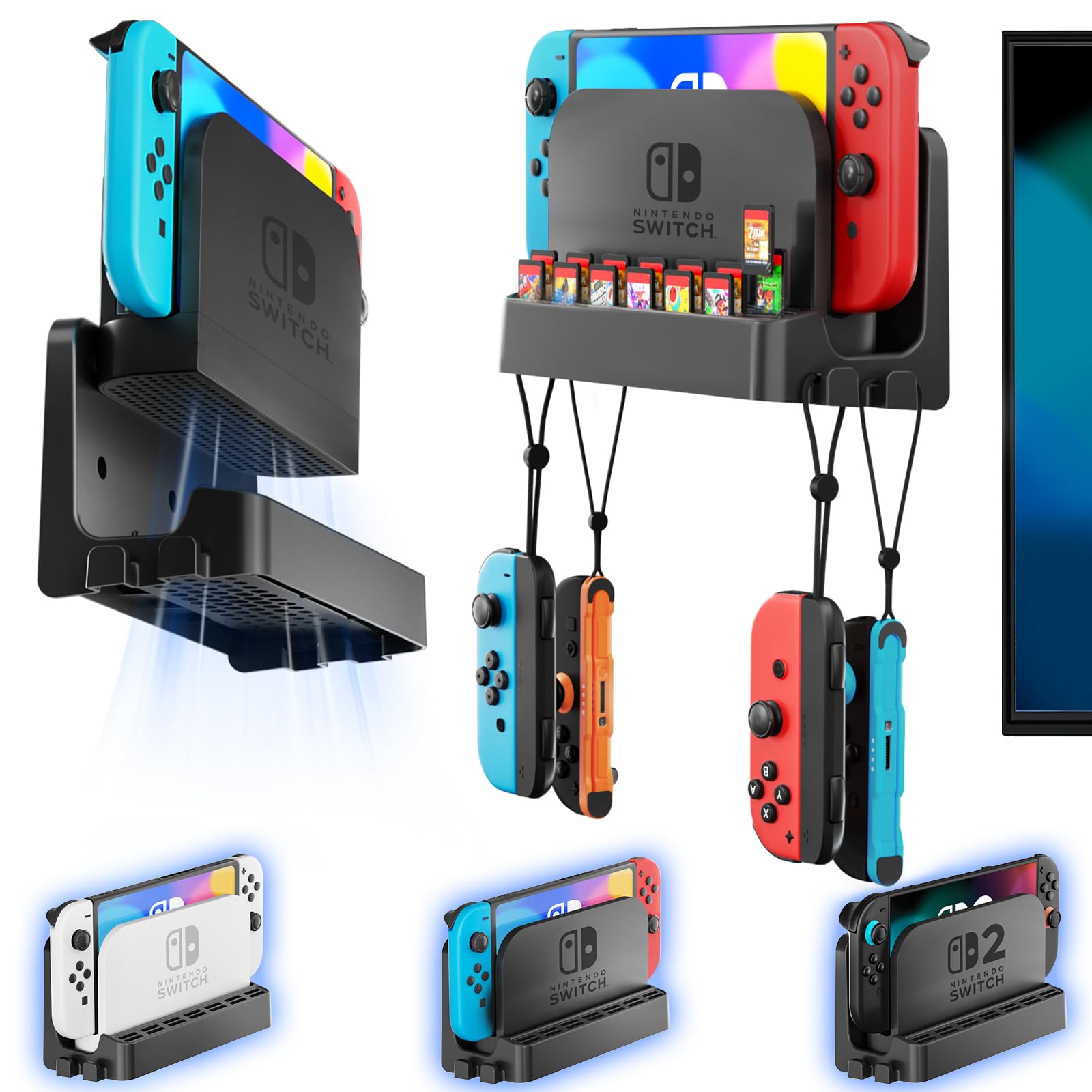 Switch 2/1 Wall Mount Kit for Switch 2/ OLED/Original Versions  Self Wall Holder Stand with Joycons Strap Hanger & 14 Game sections Rack for Switch TV Dock Console  Display Bracket Behind TV