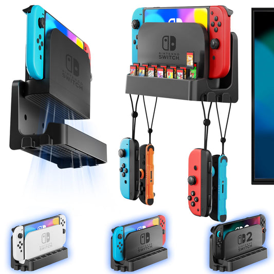 Switch 2/1 Wall Mount Kit for Switch 2/ OLED/Original Versions  Self Wall Holder Stand with Joycons Strap Hanger & 14 Game sections Rack for Switch TV Dock Console  Display Bracket Behind TV