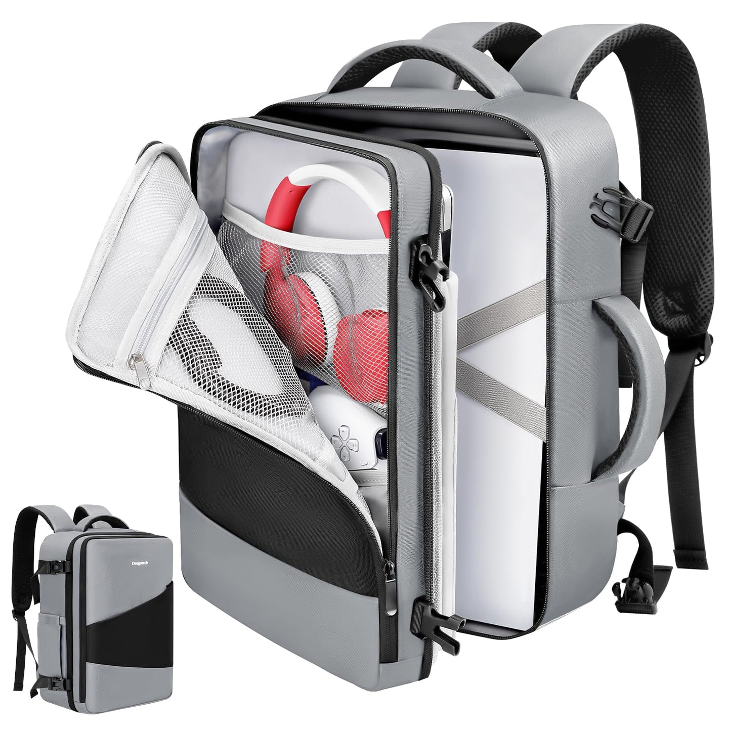 Deegotech Carrying Backpack Compatible with PS5/PS5 Pro  Protective Travel Case Compatible with Playstation 5 Console  Disc  Controllers  Accessories and 15.6 Laptop  Water-resistant Game Bags  Gray