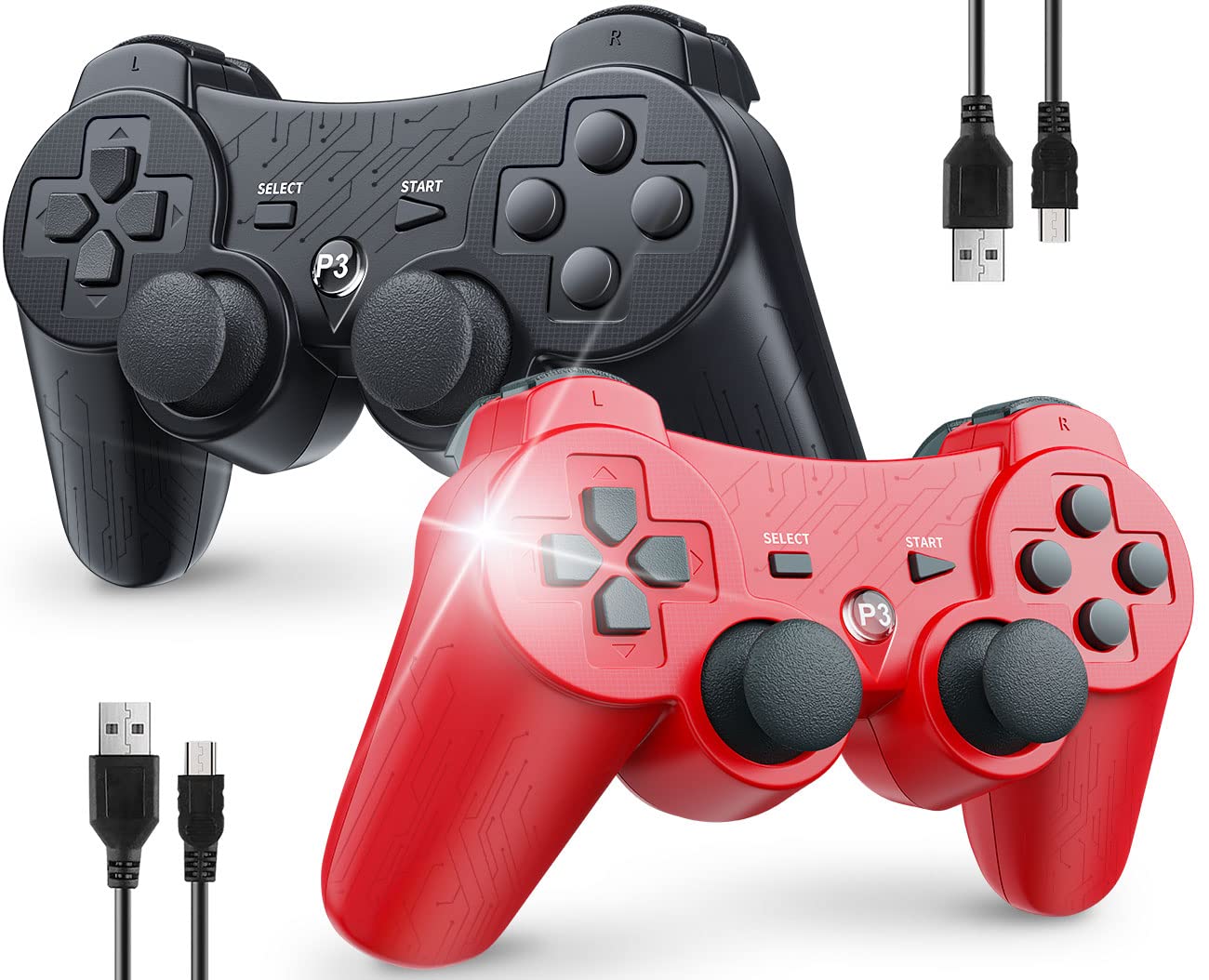 OKHAHA Controller 2 Pack for PS3 Wireless Controller for Sony Playstation 3  Double Shock 3  Bluetooth  Rechargeable  Motion Sensor  Remote for PS3 (With Stripes(Black + Red))