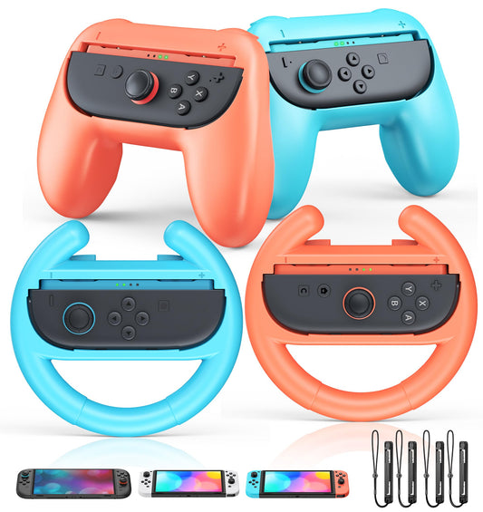 Hand Grips and Ergonomic Racing Wheels Handle for for Joy Cons Controller  Family Sports Party Pack Accessories Compatible with Nintendo Switch 2/Switch 1/OLED- 4 Packs (Blue & Orange)
