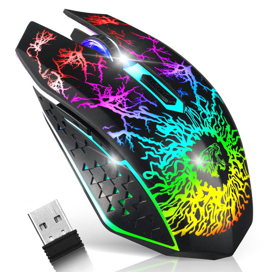 VEGCOO Wireless Gaming Mouse  Rechargeable Gaming Mouse  Silent Optical Mice with 2.4G USB Receiver  3 Level DPI  6 Buttons  7 Colors LED Lights for PC/Mac Gamer  Laptop and Desktop