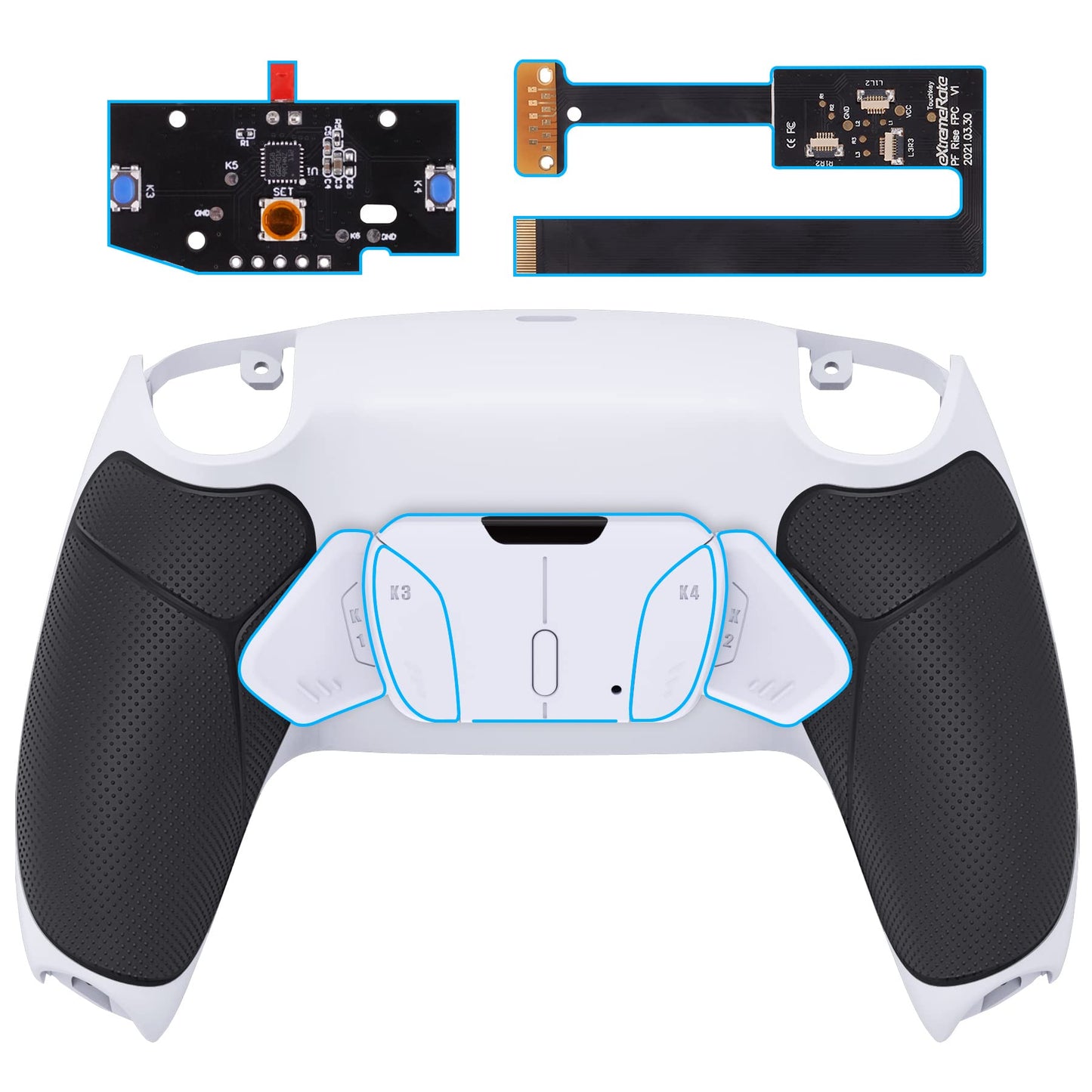eXtremeRate Black Rubberized Grip Programable RISE4 Remap Kit for PS5 Controller BDM-010 BDM-020  Upgrade Board & Redesigned White Back Shell & 4 White Back Buttons for PS5 Controller -NO Controller