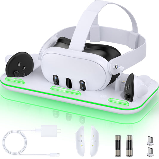 NinxGloy Charging Dock for Meta Quest 3/3S - Magnetic Stand with 3 Indicators, Includes 2 Rechargeable Batteries, White