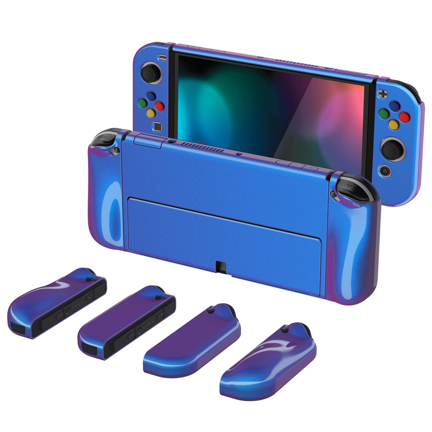 PlayVital AlterGrips Protective Case for Nintendo Switch OLED  Dockable Grip Cover for Nintendo Switch OLED Joycon w/Thumb Grips & Button Caps - Glossy Chameleon Purple Blue