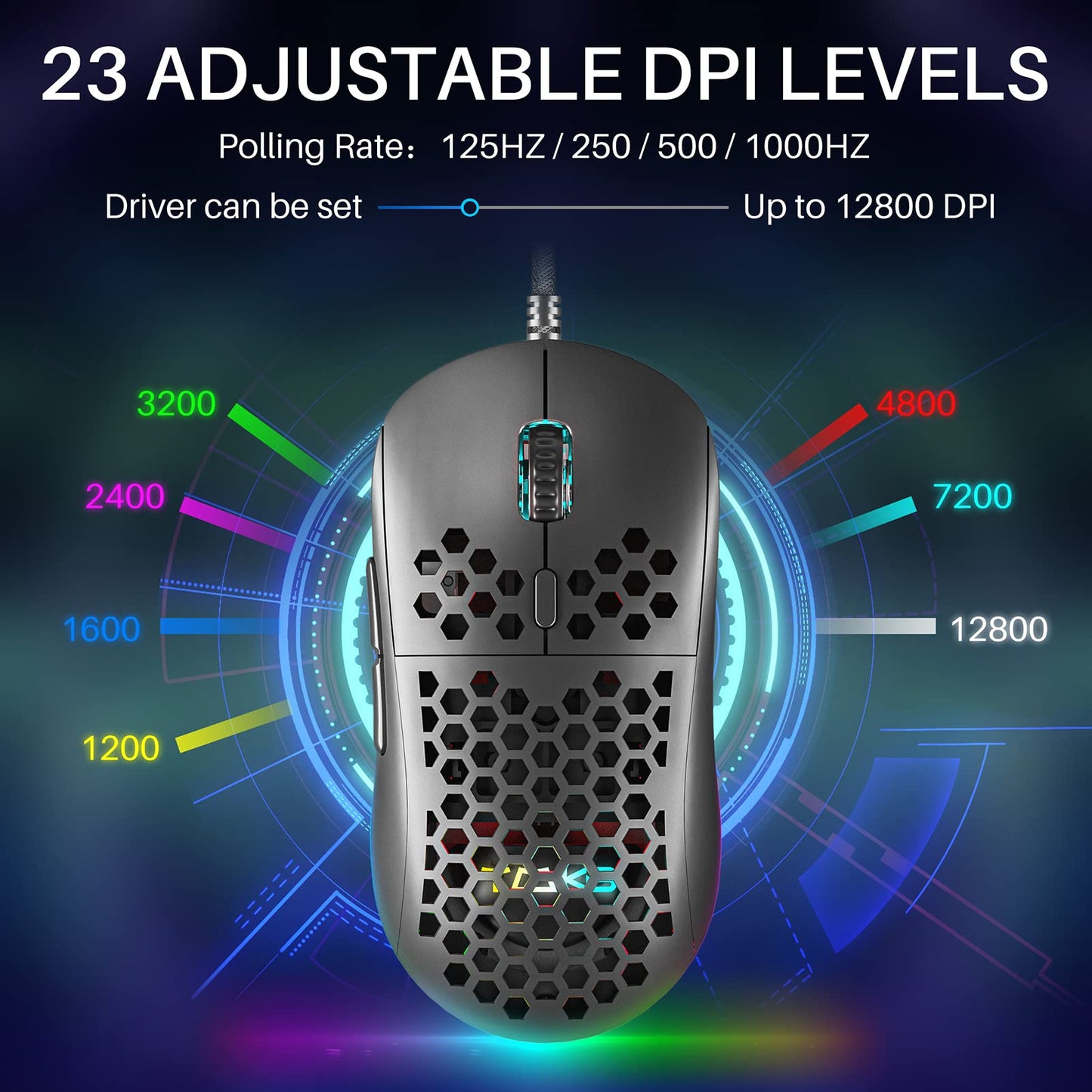 DIERYA Wired Gaming Mouse, 12800 DPI Optical Sensor, 6 Programmable Buttons, RGB, Ergonomic Design, Black