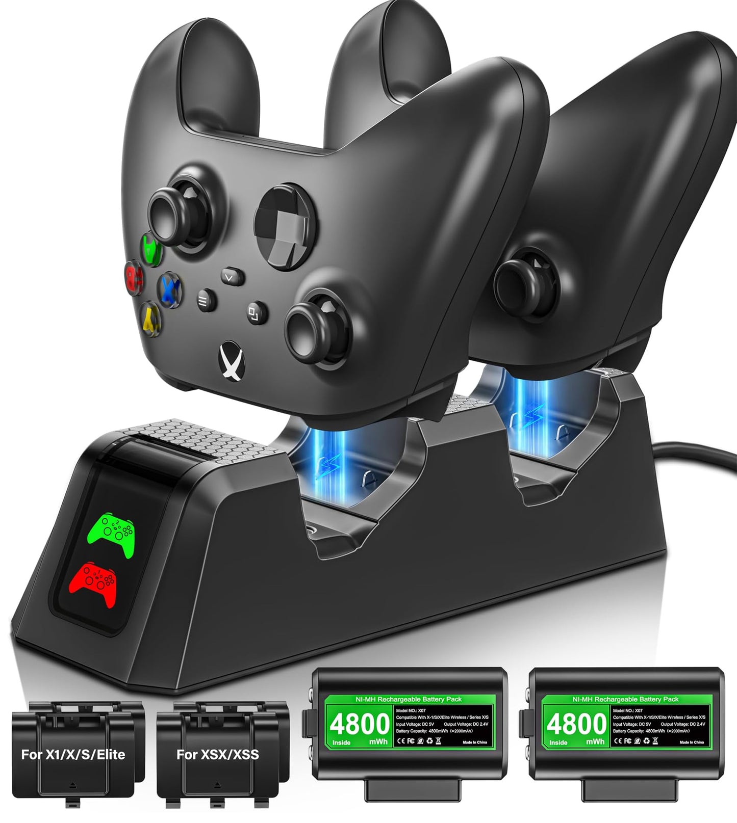 Rechargeable-Battery-Pack-for-Xbox-Controller  2x4800mWh Batteries Pack with Charging Station for Xbox One/Xbox Series X|S Xbox One S/Xbox One X/Xbox One Elite Controller Charger Dock Accessories