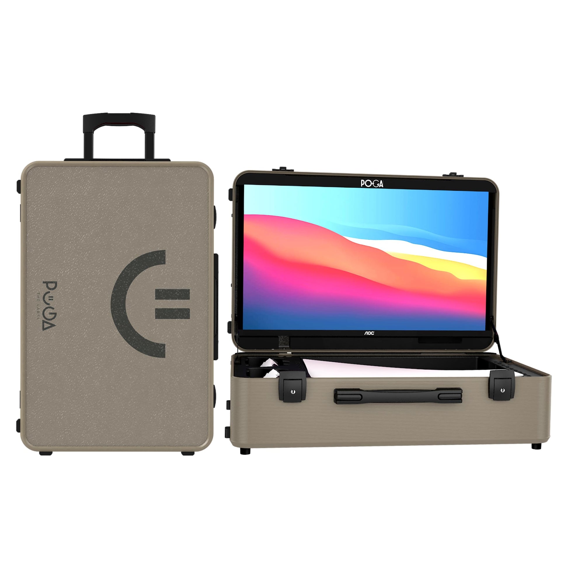 POGA LUX PlayStation 5 Premium Portable Console Travel Case incl. Trolley and 24 AOC Gaming Monitor - (V3 - Bluetooth Speaker Optional) Desert Taupe