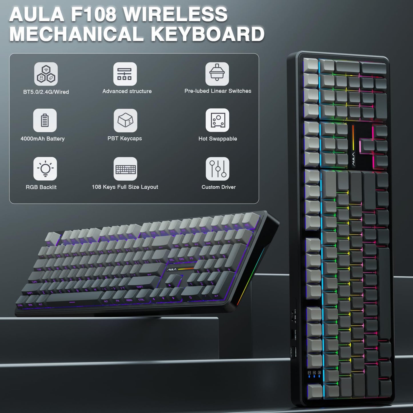AULA F108 Wireless Mechanical Gaming Keyboard - Full Size, RGB Backlit, Hot Swappable, No Knob-Gradient Black, PBT Keycaps, 108 Keys