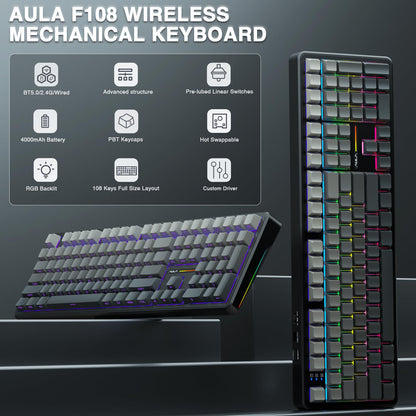 AULA F108 Wireless Mechanical Gaming Keyboard - Full Size, RGB Backlit, Hot Swappable, No Knob-Gradient Black, PBT Keycaps, 108 Keys