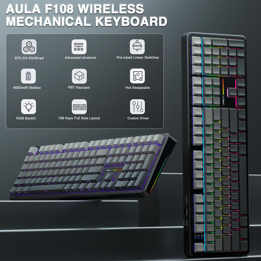 AULA F108 Wireless Mechanical Gaming Keyboard - Full Size, RGB Backlit, Hot Swappable, No Knob-Gradient Black, PBT Keycaps, 108 Keys