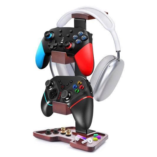 LIVSMON Solid Wood Controller Holder and Headphone Stand Gaming Controller Stand for Desk Dual Controller Organizer Rack Gaming Equipment Accessories for Desk Headset Holder for Son Husband Boyfriend